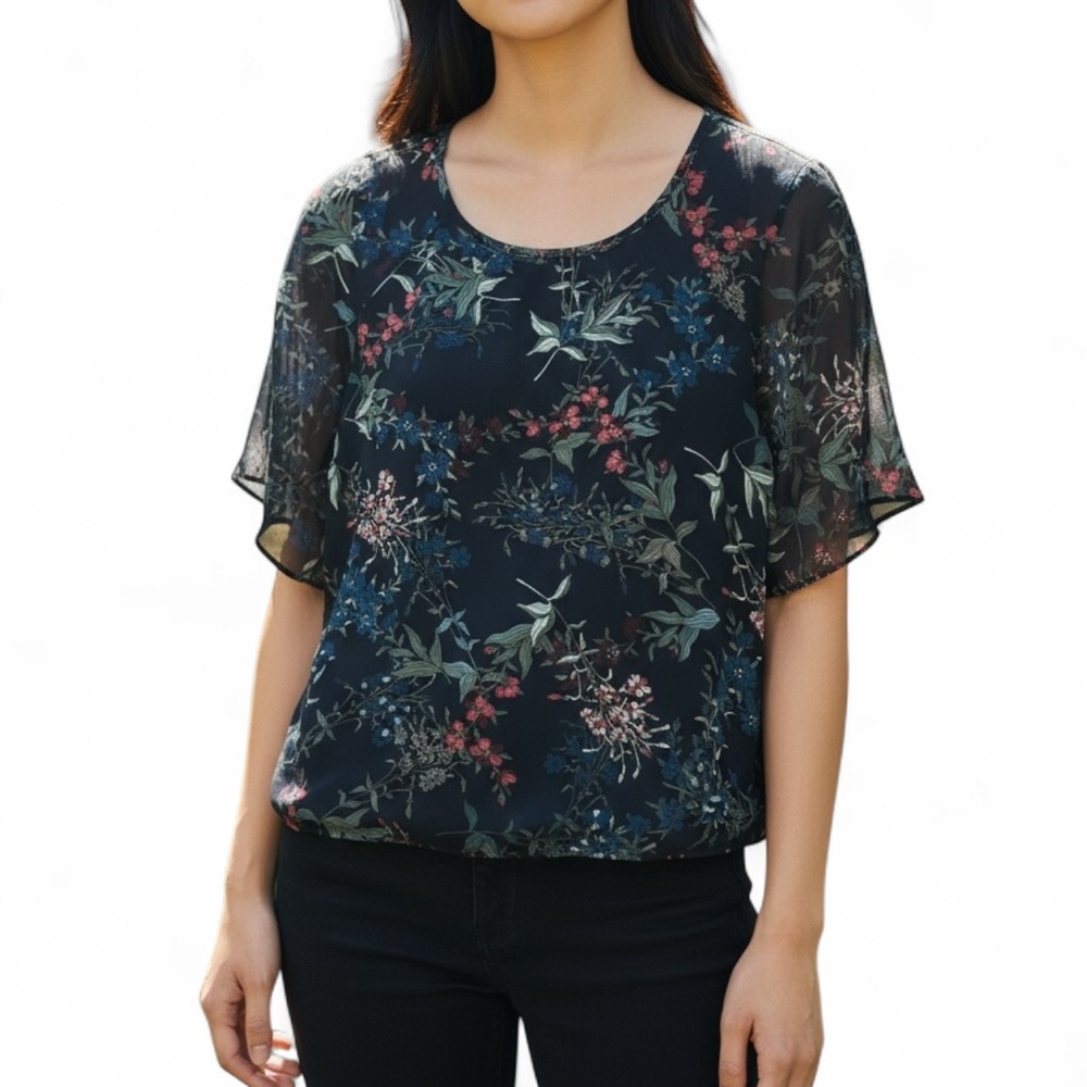 Catherine Malandrino Floral Short Sleeve Blouse Size Medium
